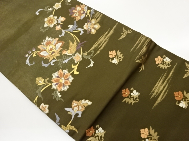 引箔花々に鳥模様織出し名古屋帯